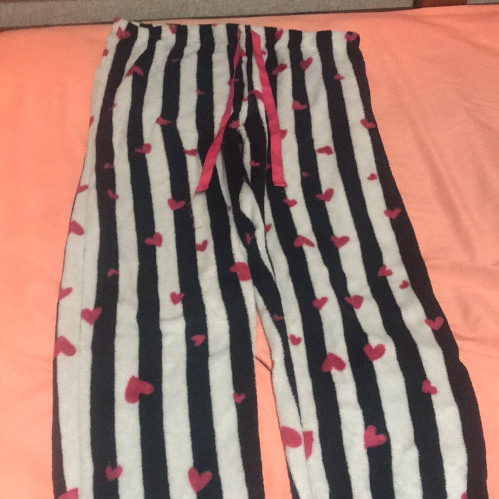 Black & white fuzzy striped pj pants with hearts